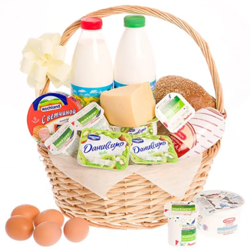 Корзинка свежих продуктов с хлебом и молоком, доставка Новосибирск